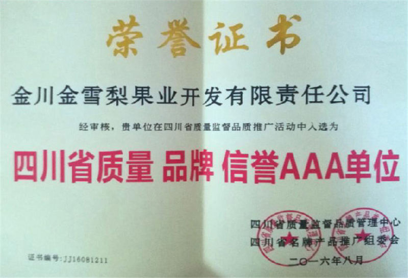 四川省質量品牌信譽AAA單位
